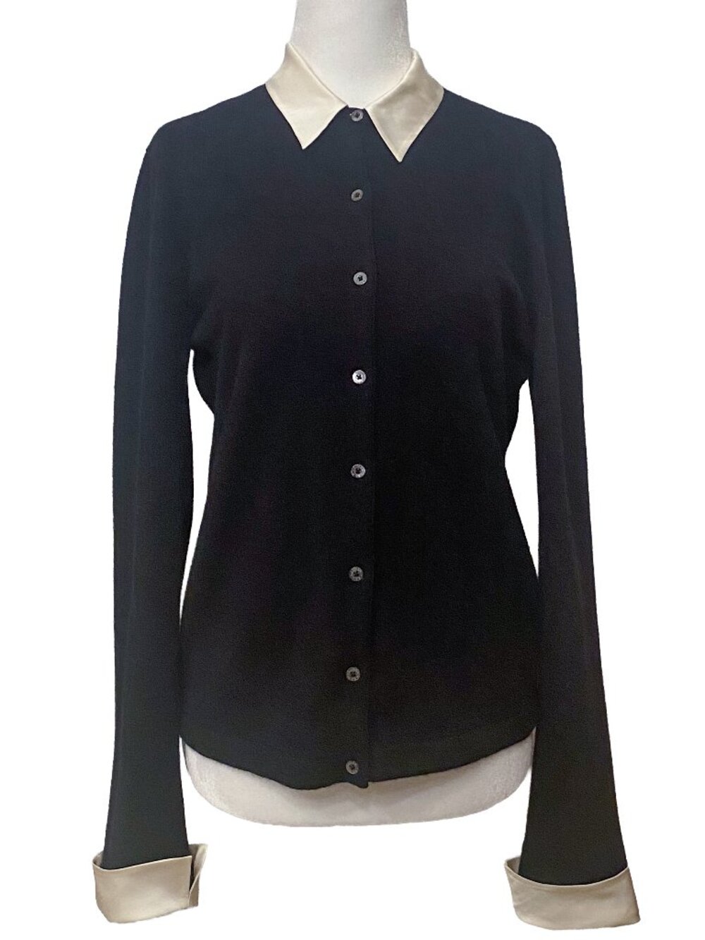 Lauren Ralph Lauren Silk Collar Cardigan Sweater M Black Knit Merino Cashmere